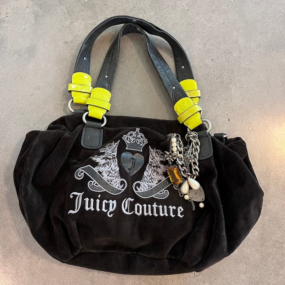 Juicy Couture black velvet lime green shoulder bag womens Y2K purse tote satchel